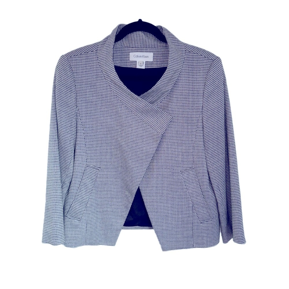 Calvin Klein Small cropped asymmetrical blazer black white silver houndstooth